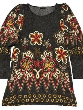 Bacci Boho Floral Embroidered Sweater Dress Tunic size Med Gray Knit Long Sleeve